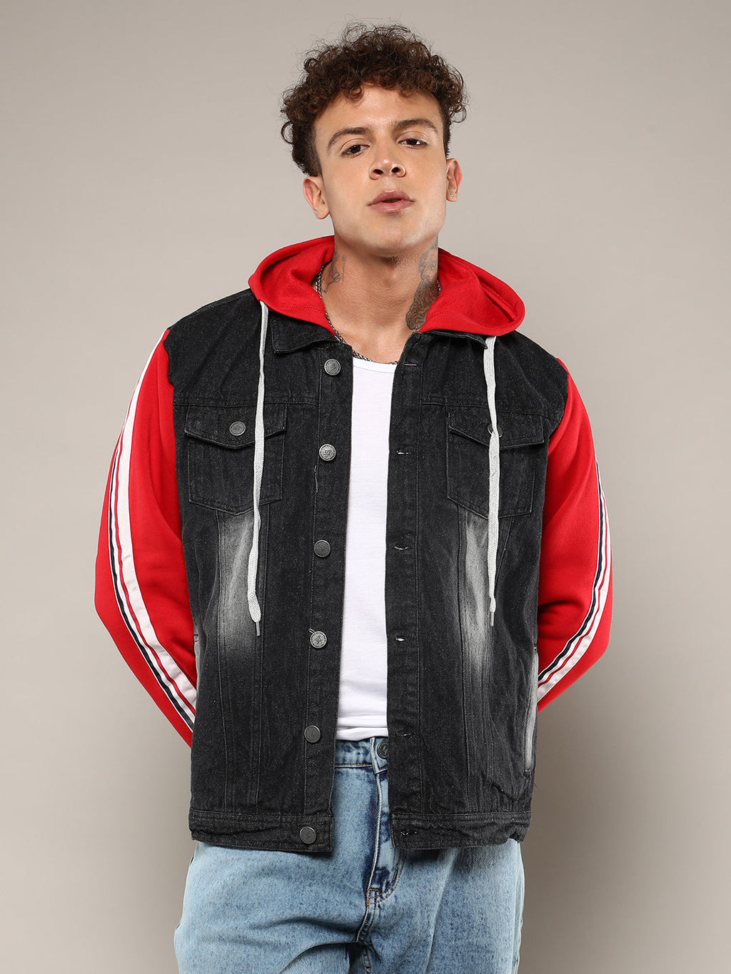 Campus Sutra Dark-Wash Denim Jacket With Sweatshirt Sleeve