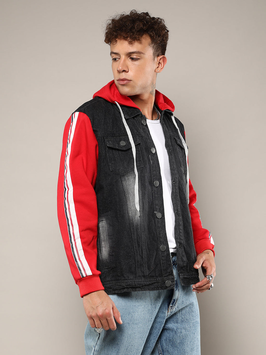 Campus Sutra Dark-Wash Denim Jacket With Sweatshirt Sleeve