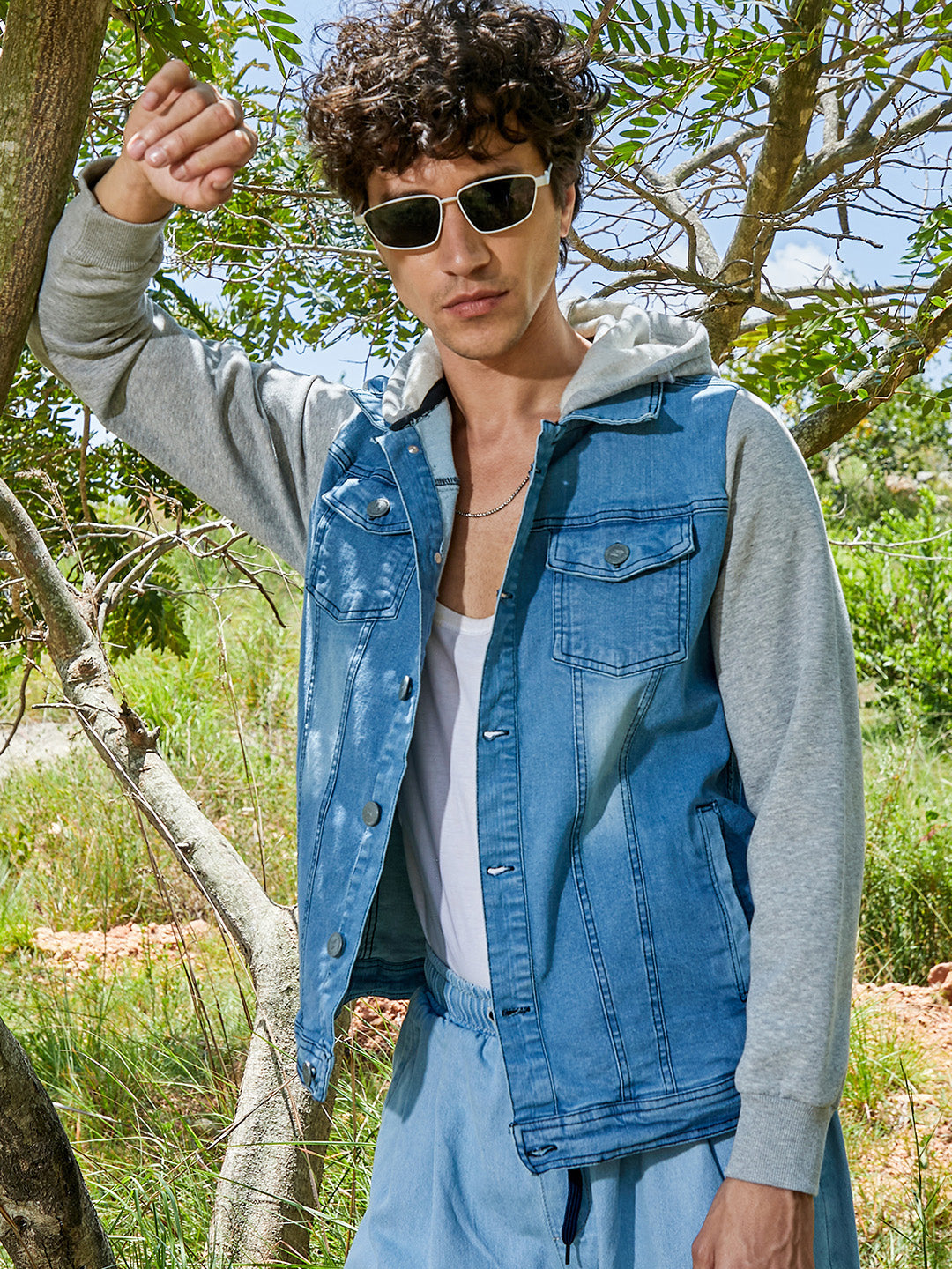 Campus Sutra Light-Wash Denim Jacket With Sweatshirt Sleeve