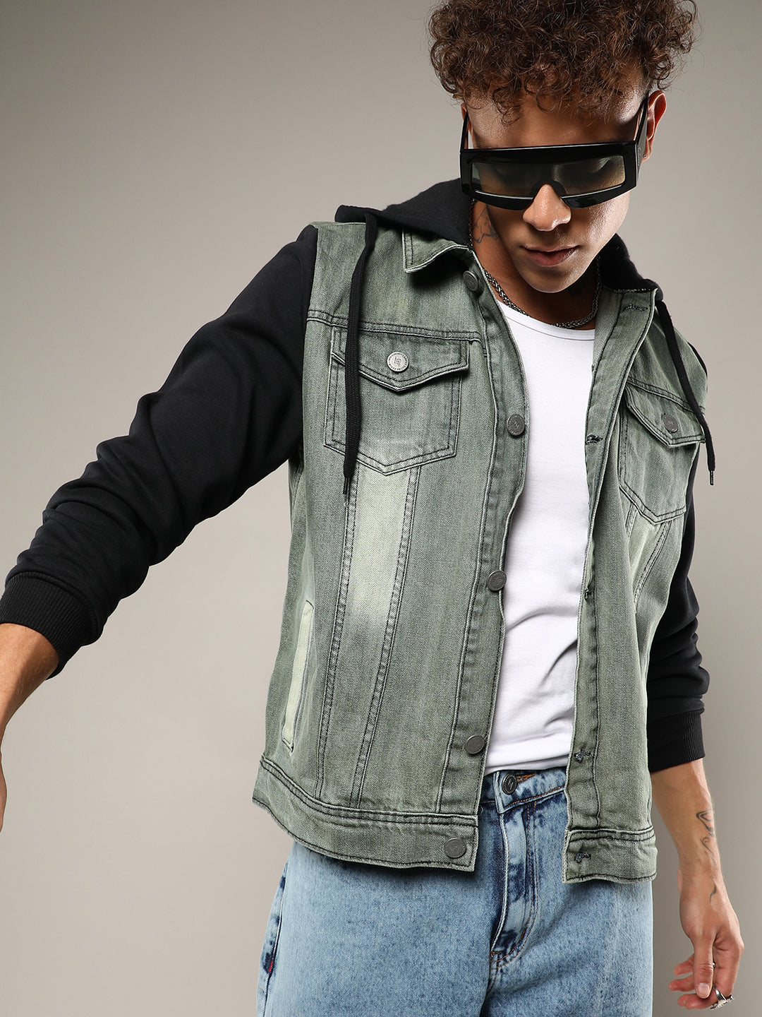 Campus Sutra Light-Wash Denim Jacket With Sweatshirt Sleeve