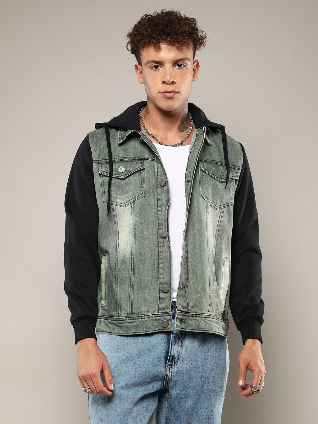 Campus Sutra Light-Wash Denim Jacket With Sweatshirt Sleeve