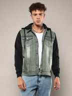 Campus Sutra Light-Wash Denim Jacket With Sweatshirt Sleeve