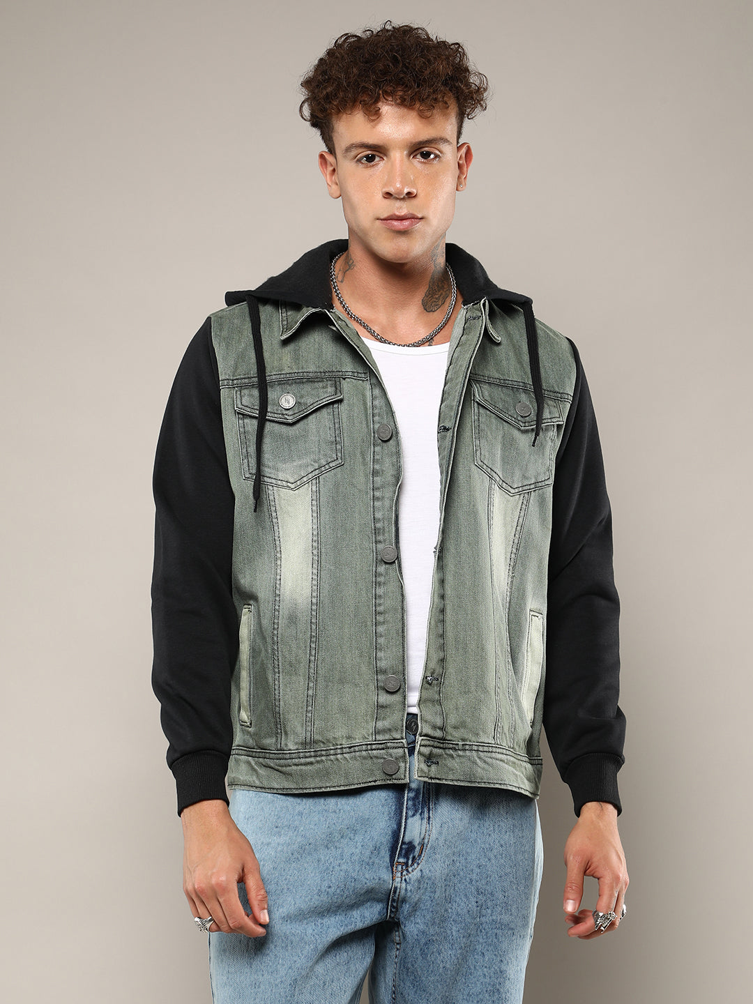 Campus Sutra Light-Wash Denim Jacket With Sweatshirt Sleeve
