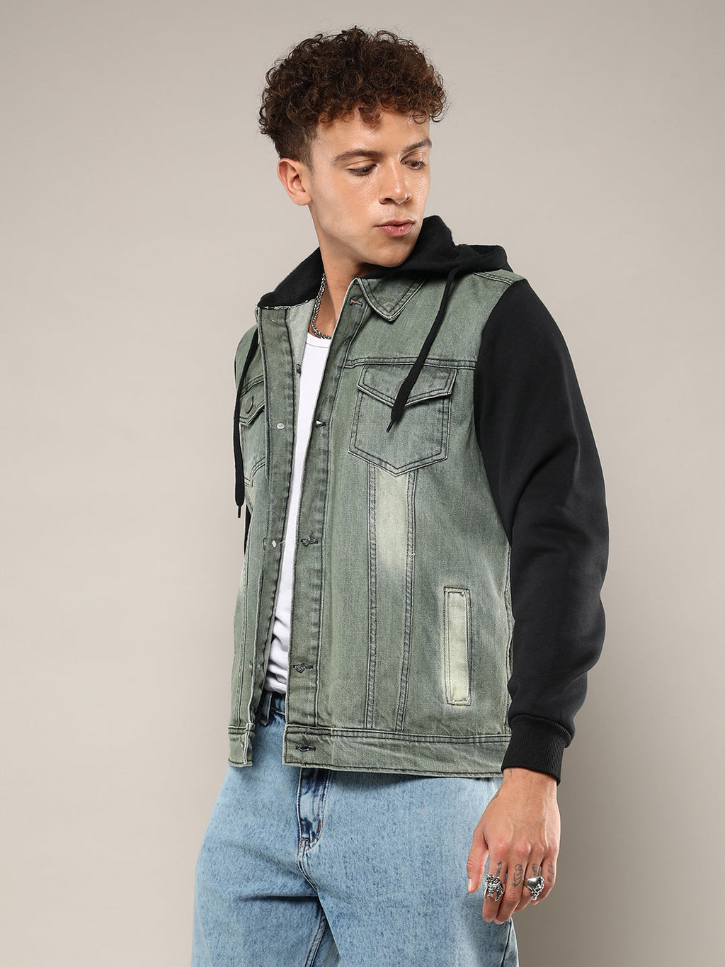 Campus Sutra Light-Wash Denim Jacket With Sweatshirt Sleeve