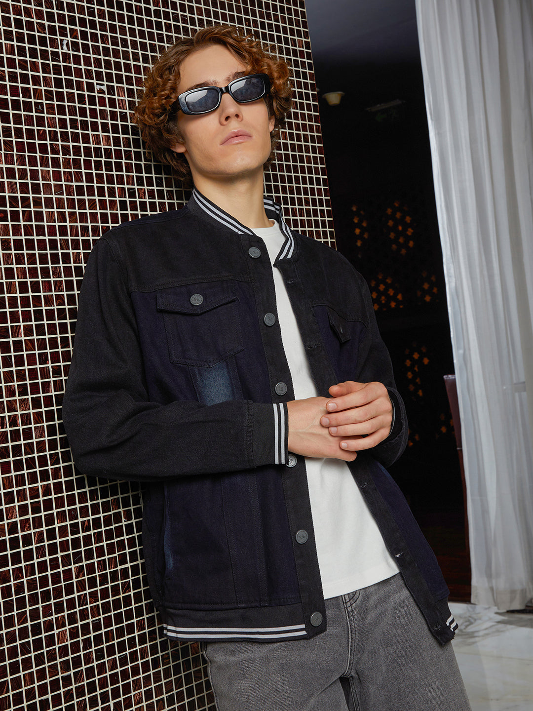 Campus Sutra Dark-Wash Denim Bomber Jacket