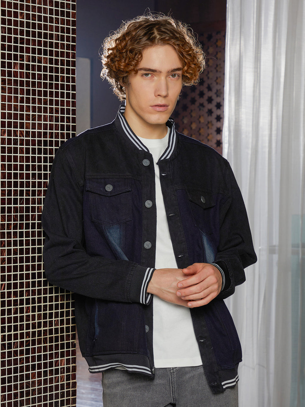Campus Sutra Dark-Wash Denim Bomber Jacket