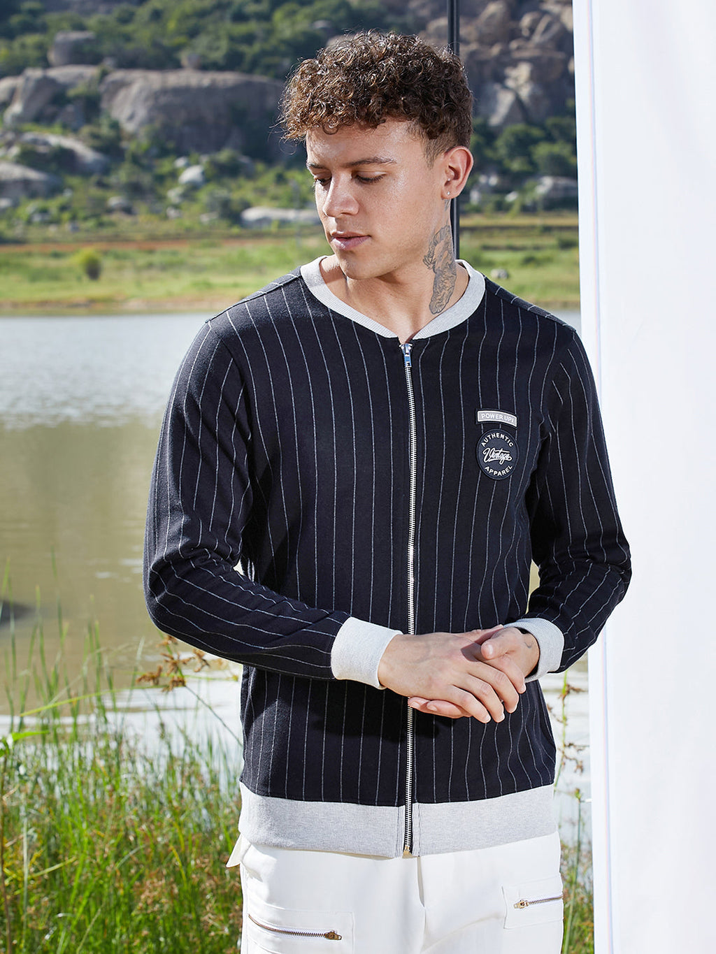 Campus Sutra Pinstriped Jacket With Contrast Hem