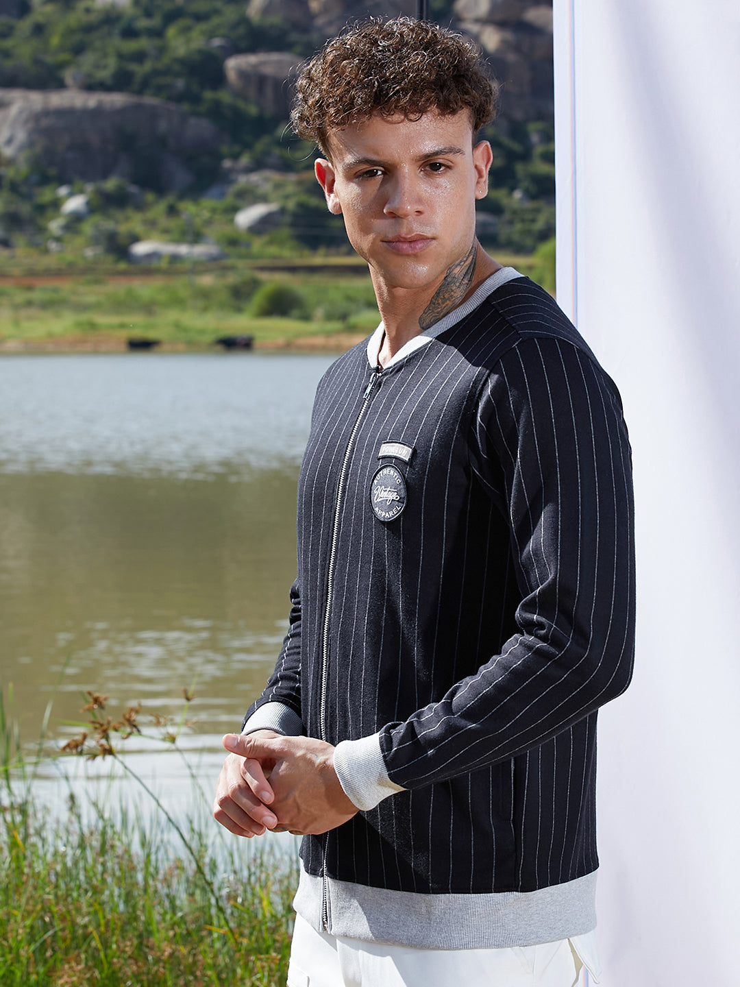 Campus Sutra Pinstriped Jacket With Contrast Hem