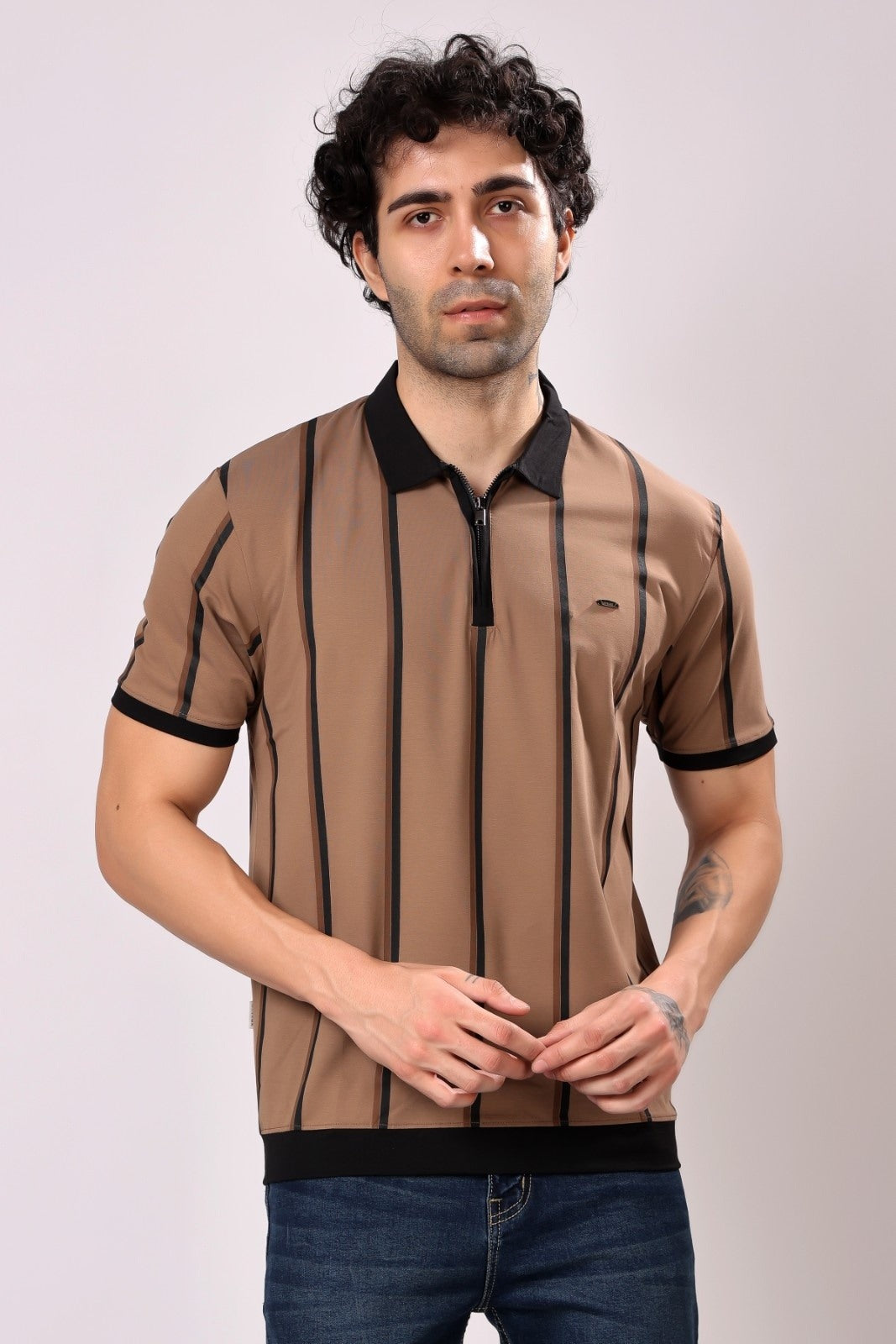 Stylox Men's Slim Fit Half Sleeve Casual Stripes T-Shirt with Zip Closure