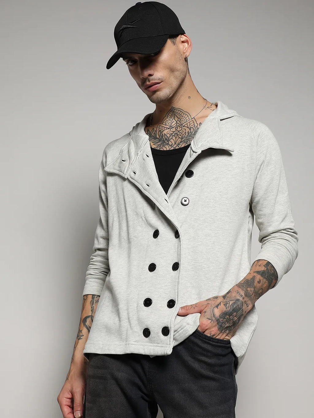 Campus Sutra Double-Breasted Jacket With Hoodie