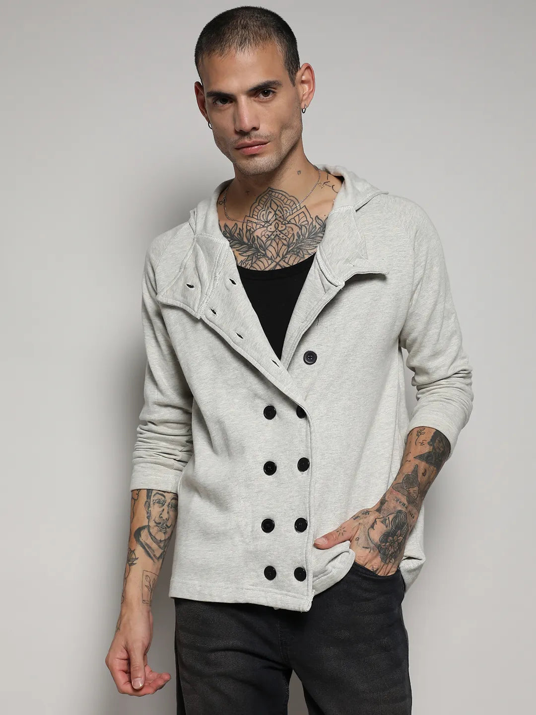Campus Sutra Double-Breasted Jacket With Hoodie