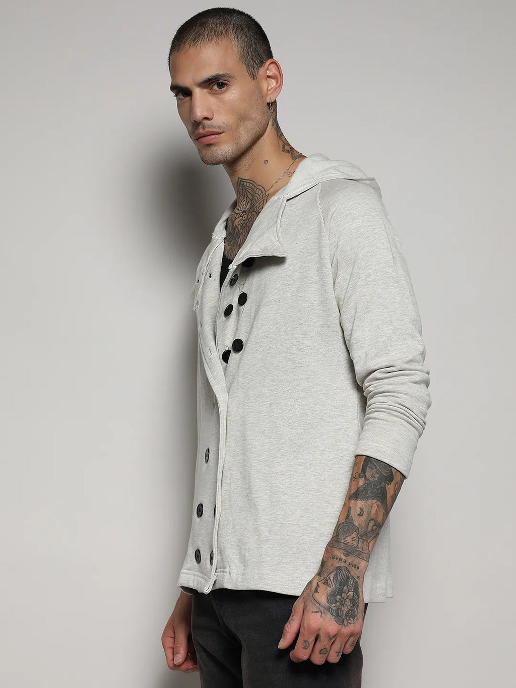 Campus Sutra Double-Breasted Jacket With Hoodie