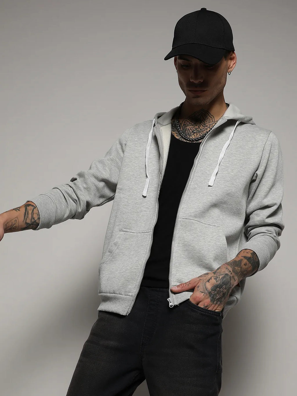 Campus Sutra Zip-Front Hoodie With Contrast Drawstring