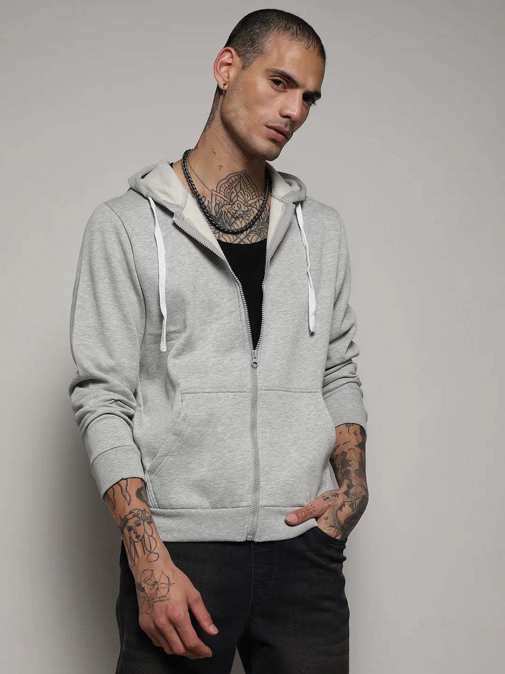 Campus Sutra Zip-Front Hoodie With Contrast Drawstring