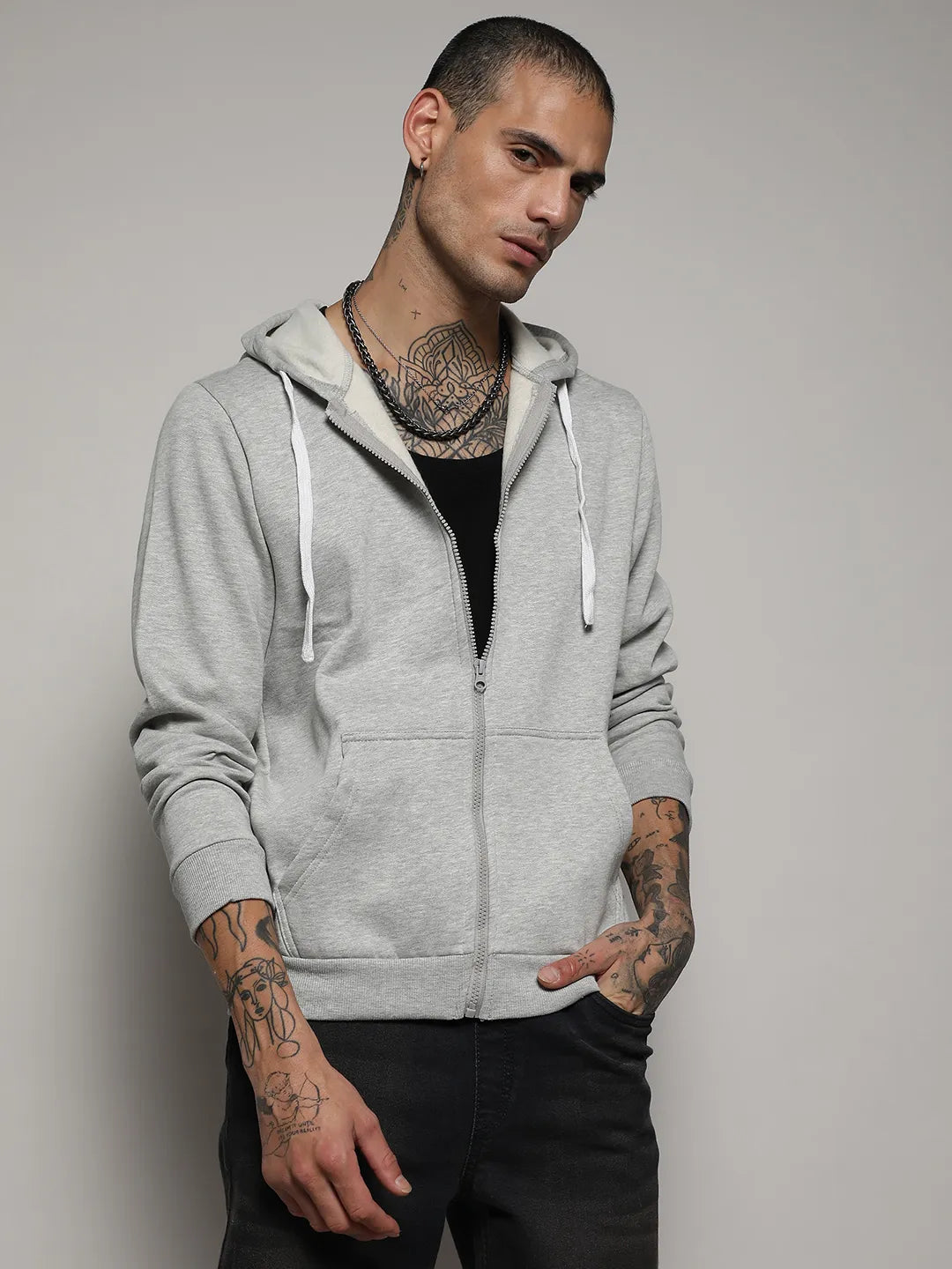 Campus Sutra Zip-Front Hoodie With Contrast Drawstring