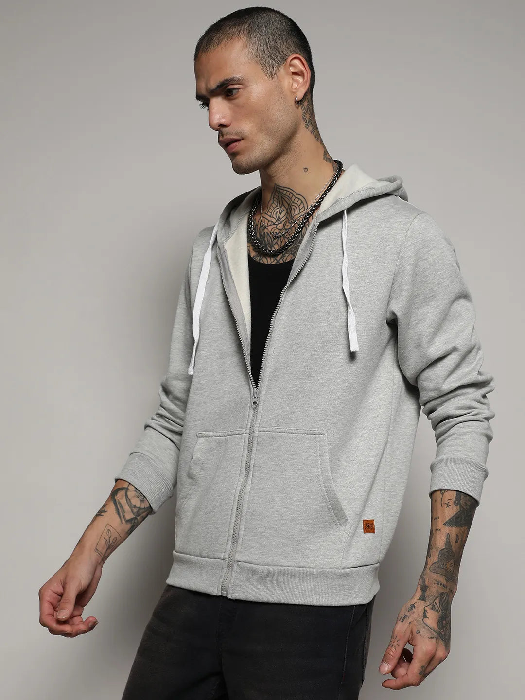 Campus Sutra Zip-Front Hoodie With Contrast Drawstring
