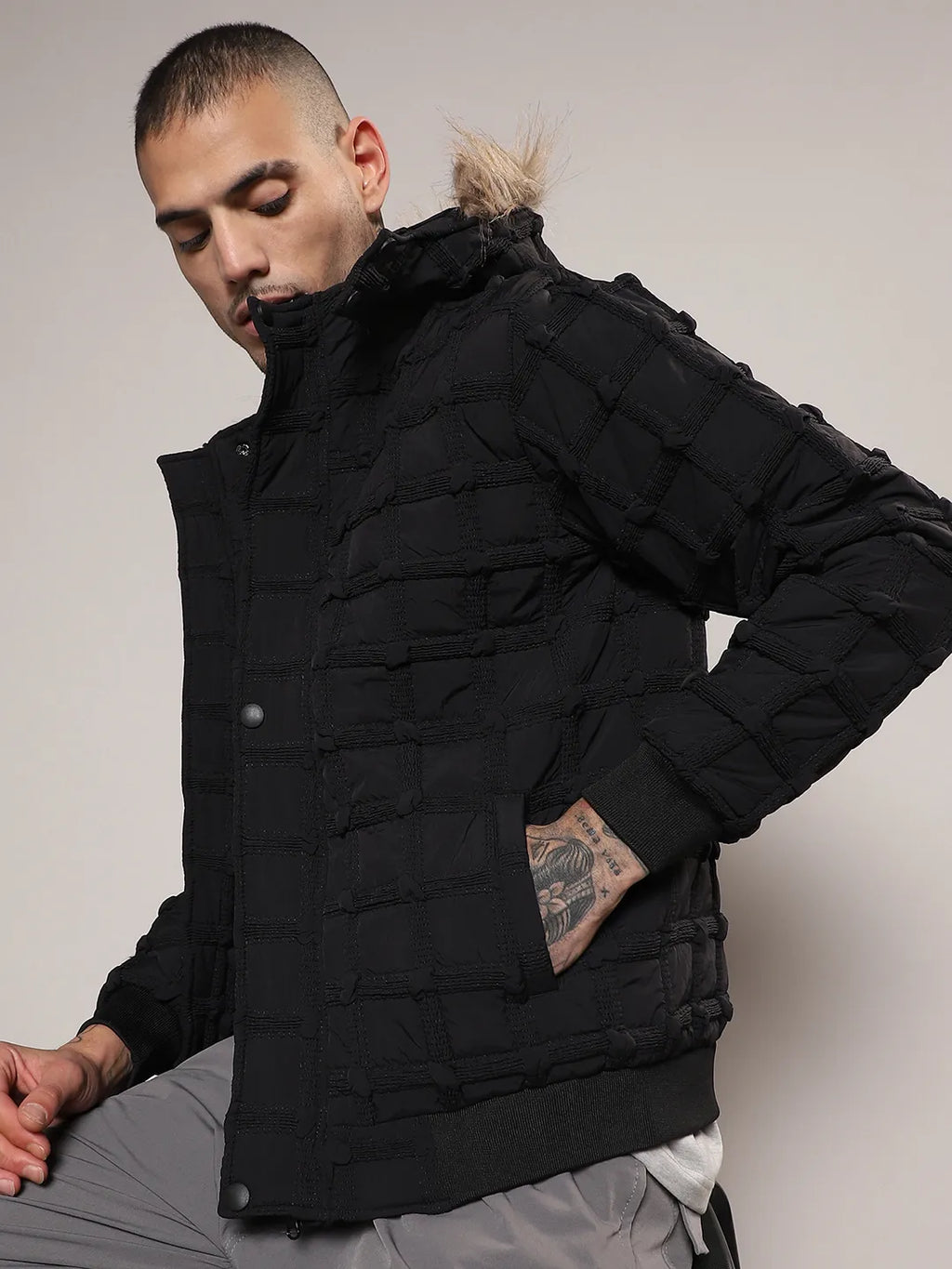 Campus Sutra Self-Design Puffer Jacket With Fleece Hood