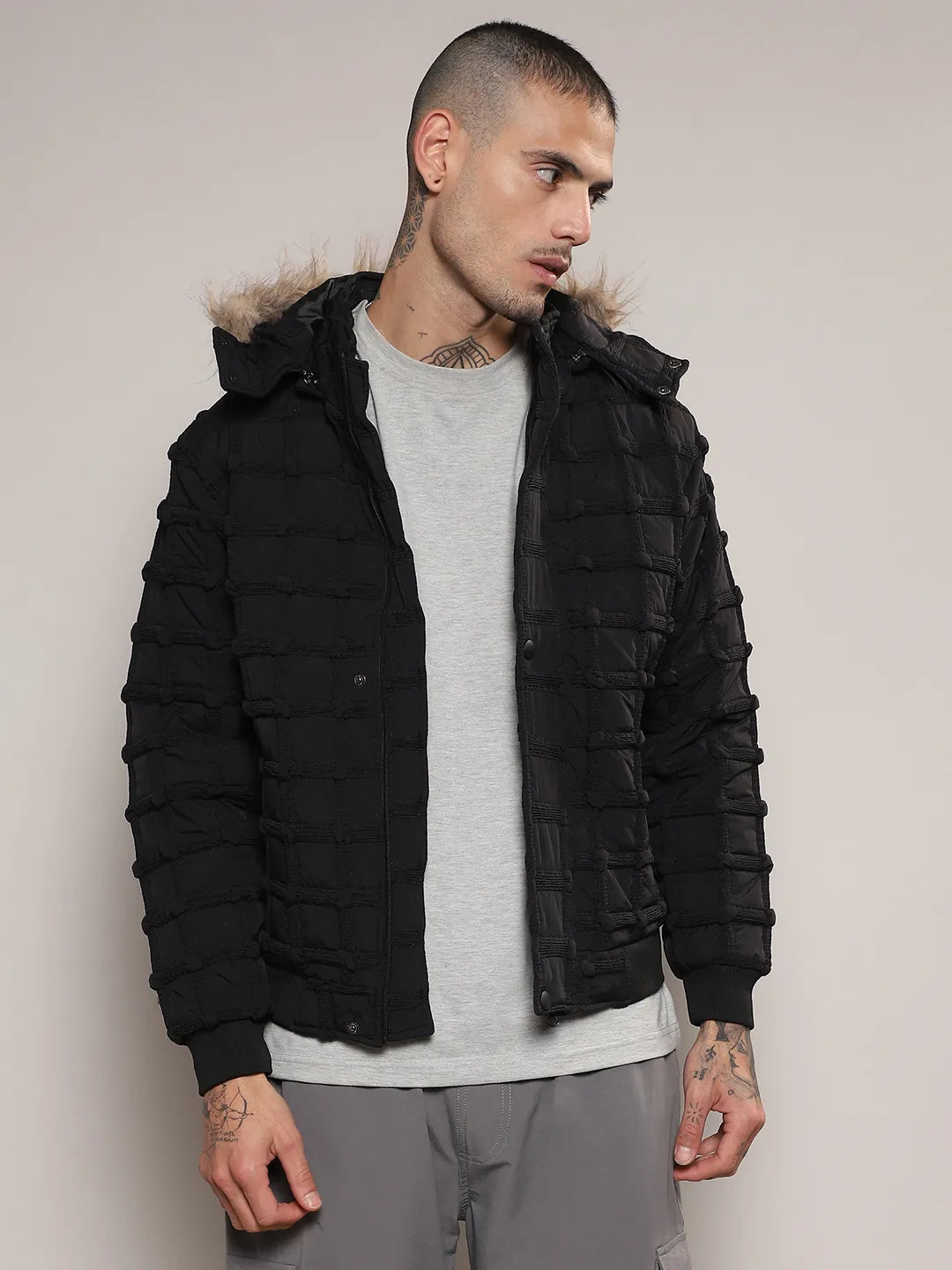 Campus Sutra Self-Design Puffer Jacket With Fleece Hood