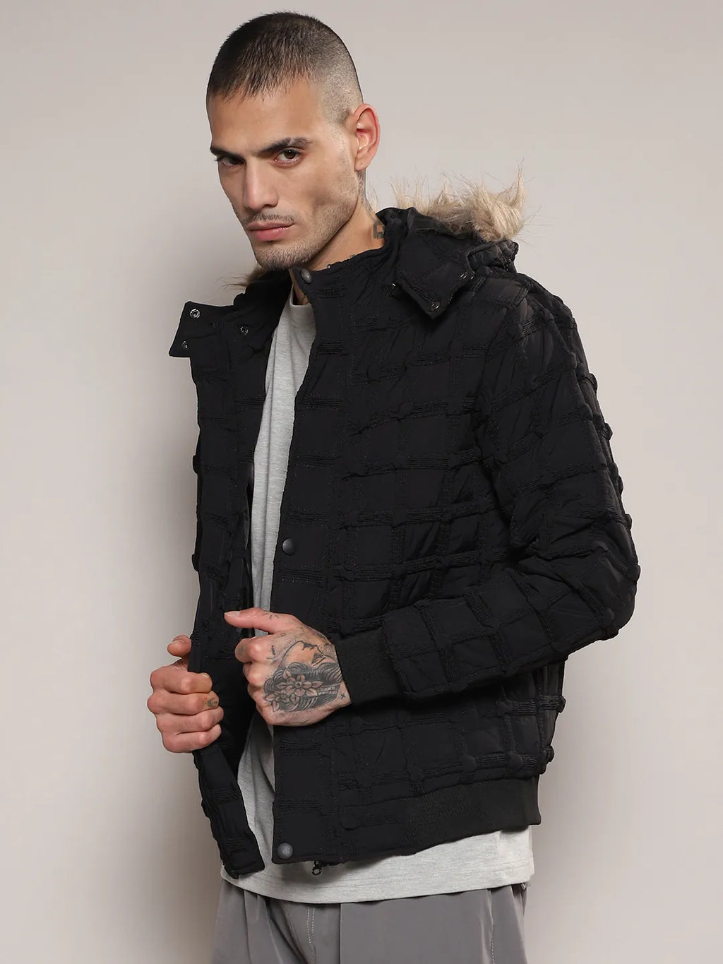 Campus Sutra Self-Design Puffer Jacket With Fleece Hood