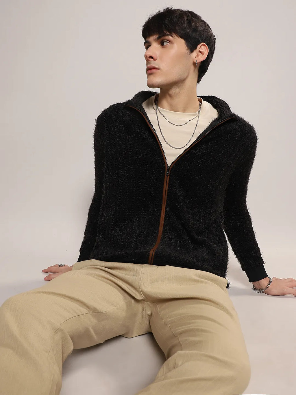 Campus Sutra Self-Design Striped Knitted Jacket
