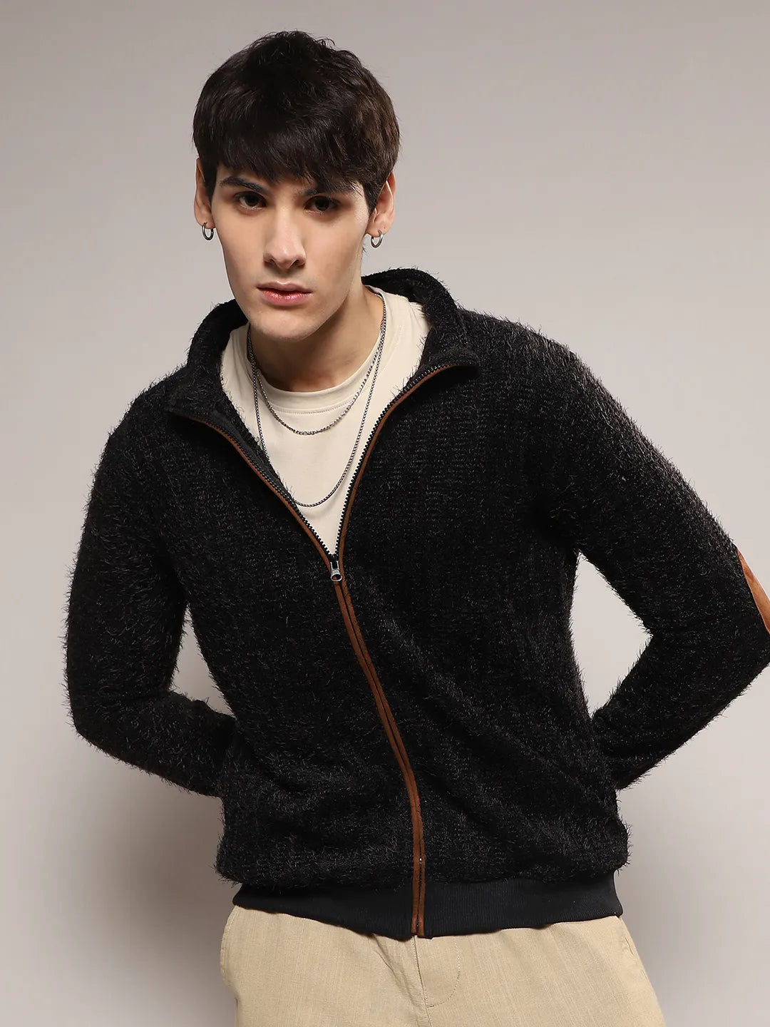 Campus Sutra Self-Design Striped Knitted Jacket