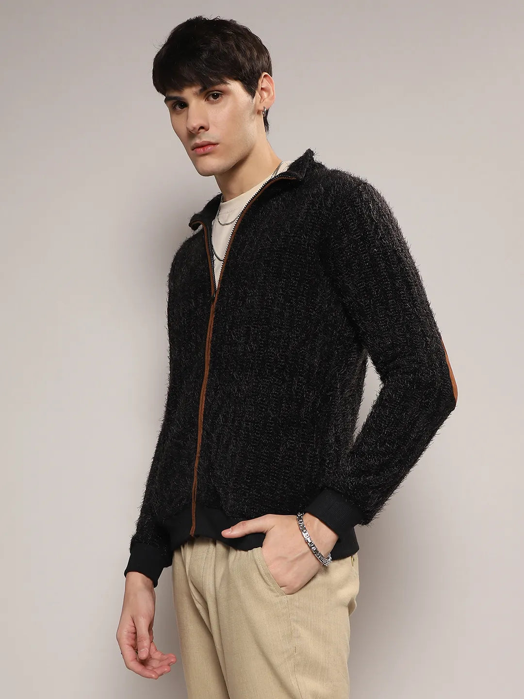 Campus Sutra Self-Design Striped Knitted Jacket