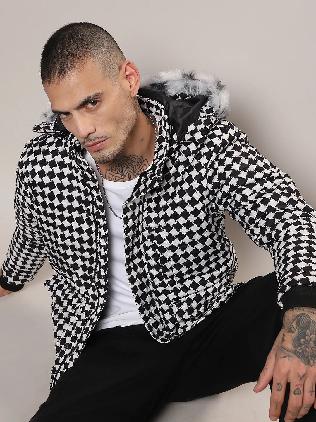 Campus Sutra Checkboard Puffer Jacket With Fleece Hood
