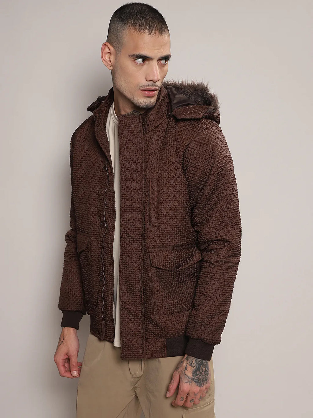 Campus Sutra Self-Design Diamond Puffer Jacket With Fleece Hood