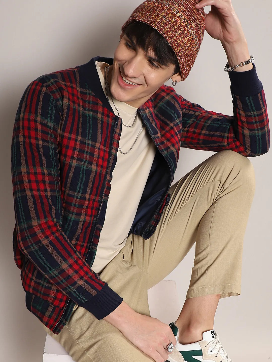 Campus Sutra Tartan Plaid Bomber Jacket
