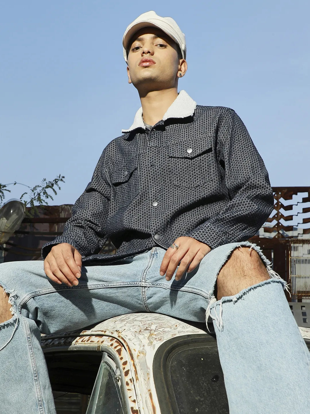 Campus Sutra Fleece Polka Dot Denim Jacket