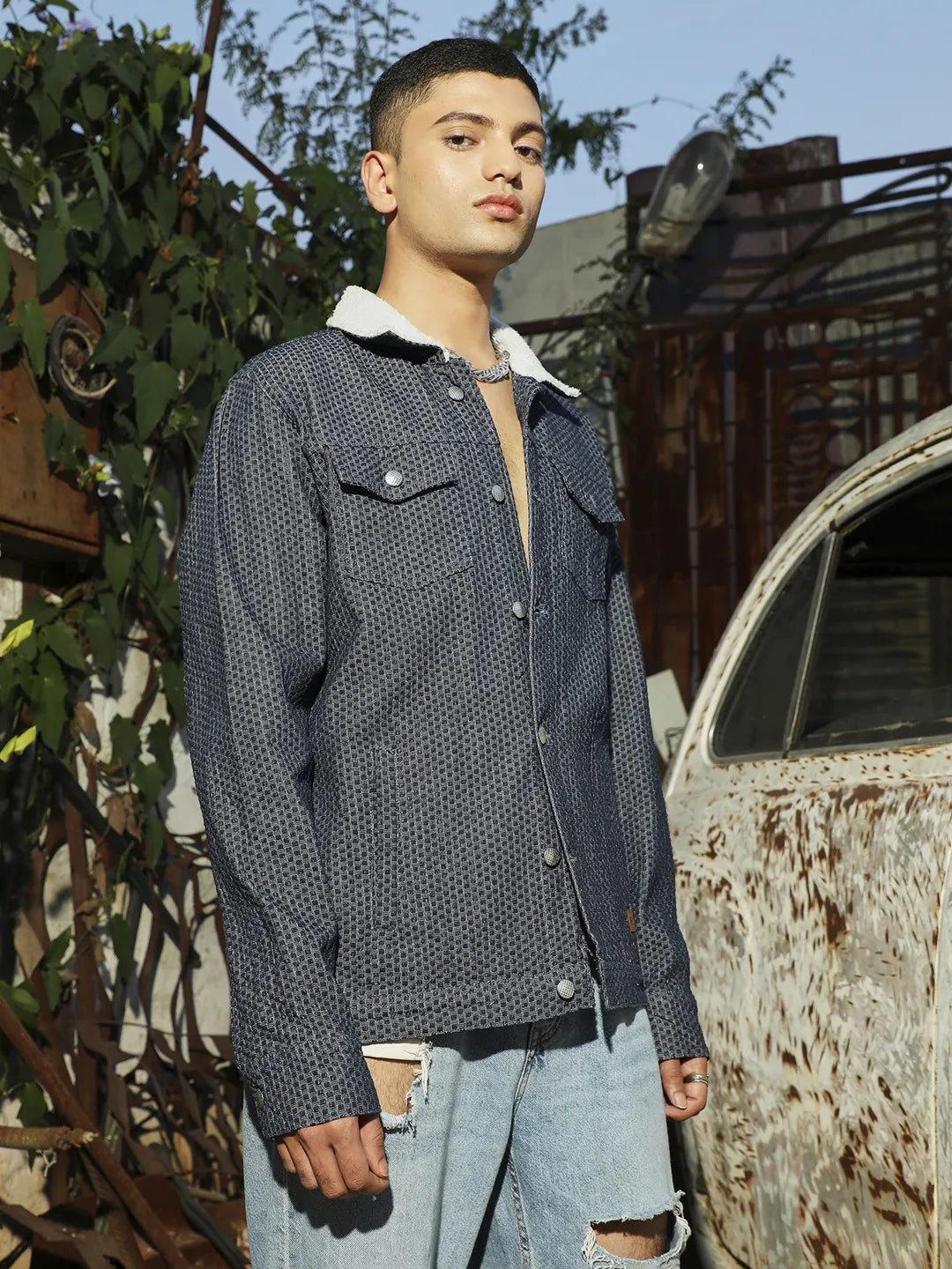 Campus Sutra Fleece Polka Dot Denim Jacket