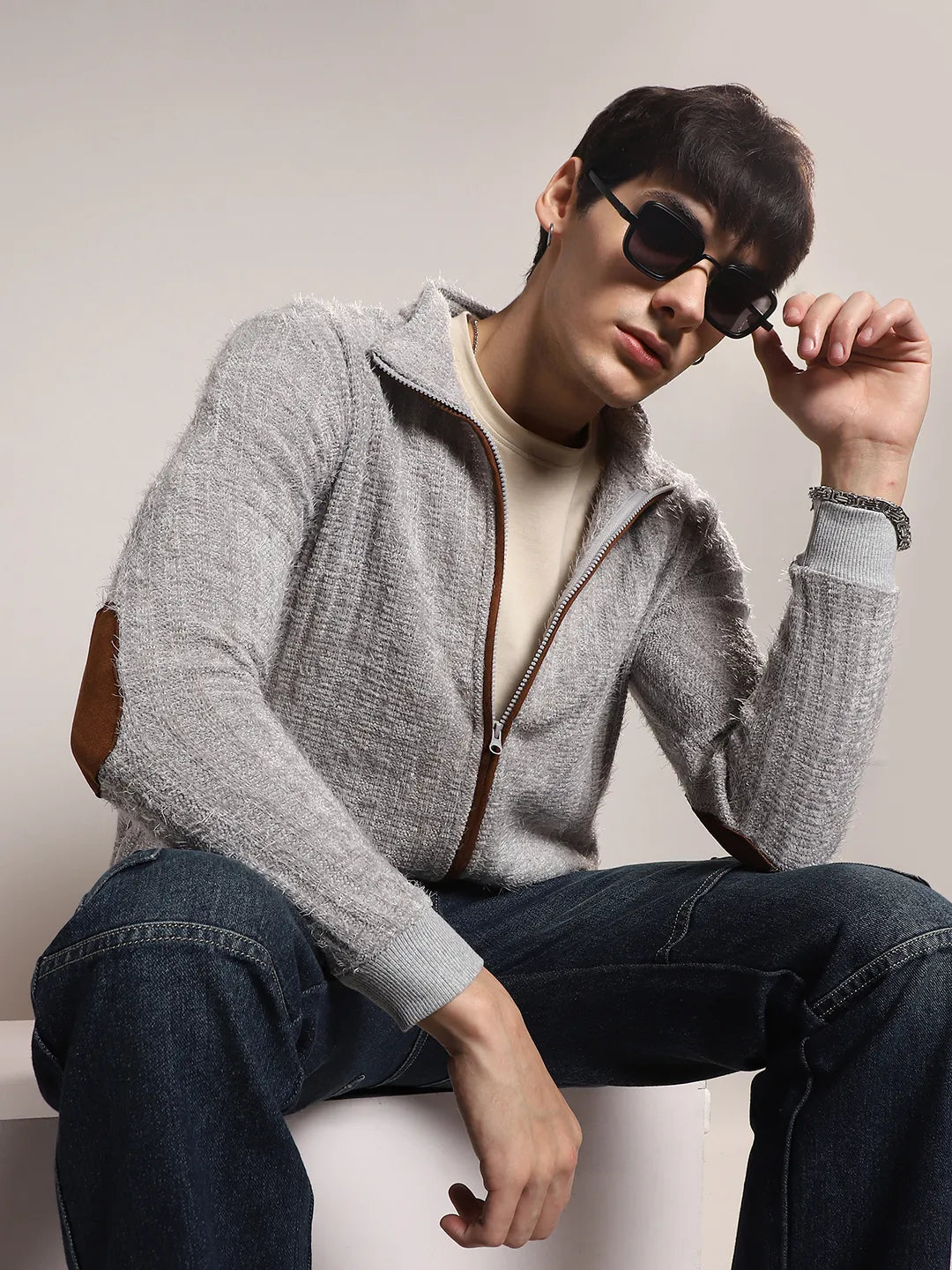 Campus Sutra Self-Design Striped Knitted Jacket