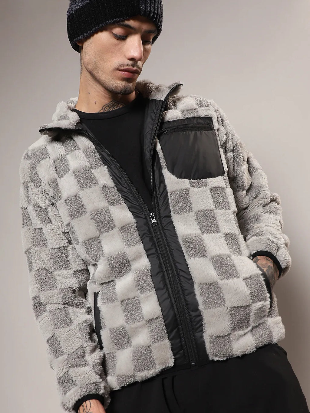 Campus Sutra Fleece Buffalo Check Puffer Jacket