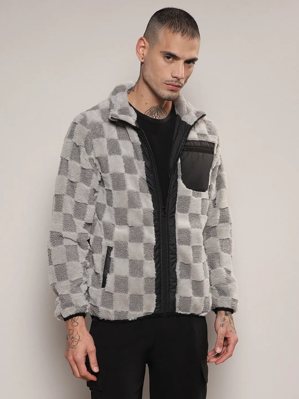 Campus Sutra Fleece Buffalo Check Puffer Jacket