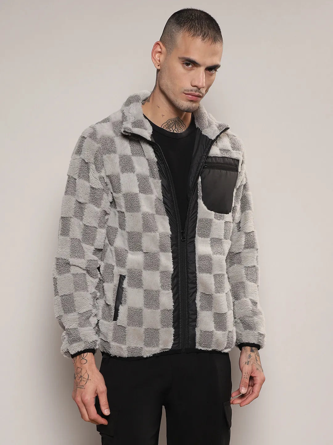 Campus Sutra Fleece Buffalo Check Puffer Jacket