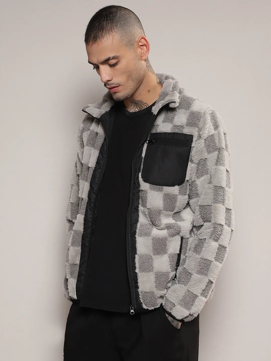 Campus Sutra Fleece Buffalo Check Puffer Jacket