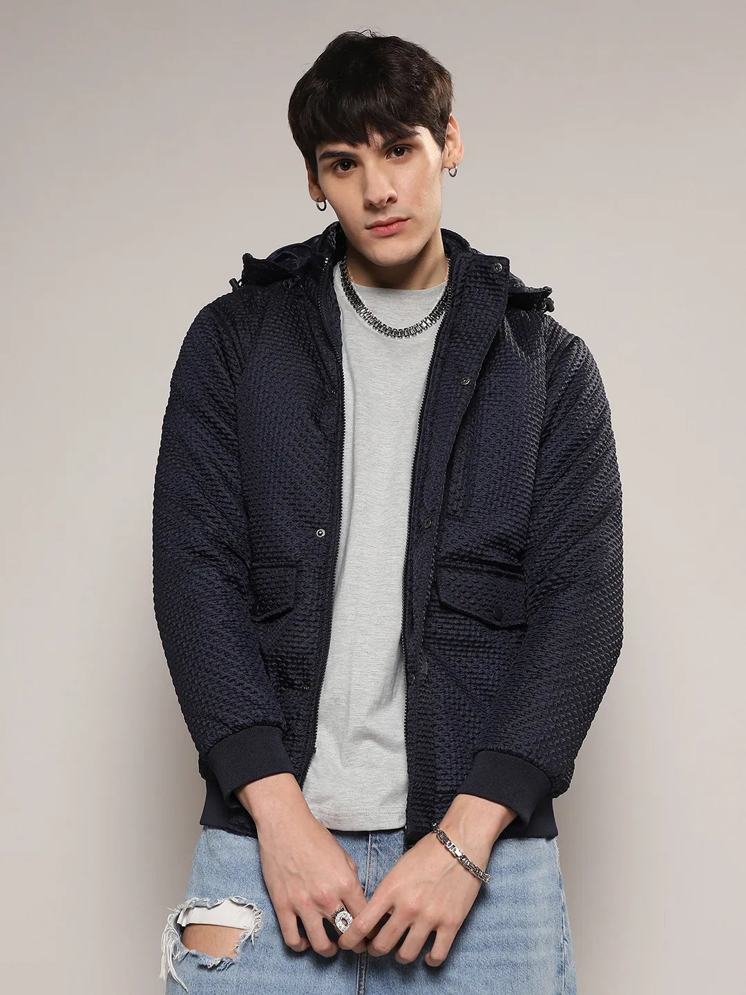 Campus Sutra Self-Design Diamond Puffer Jacket With Fleece Hood