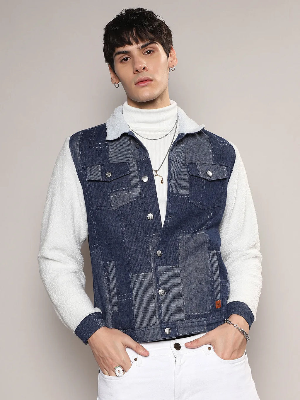 Campus Sutra Fleece Block Denim Jacket