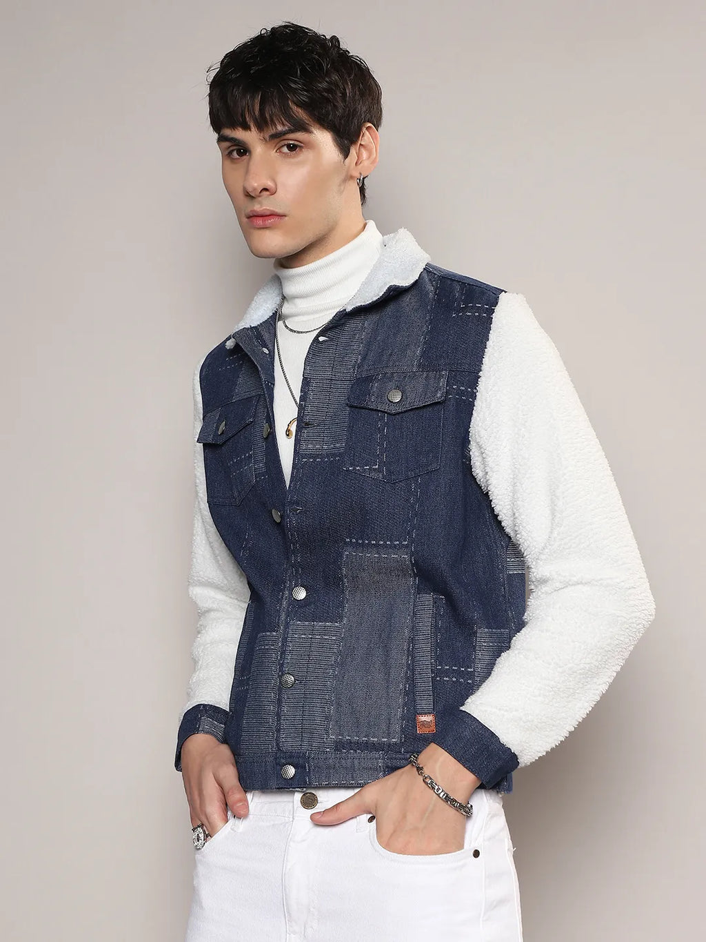 Campus Sutra Fleece Block Denim Jacket