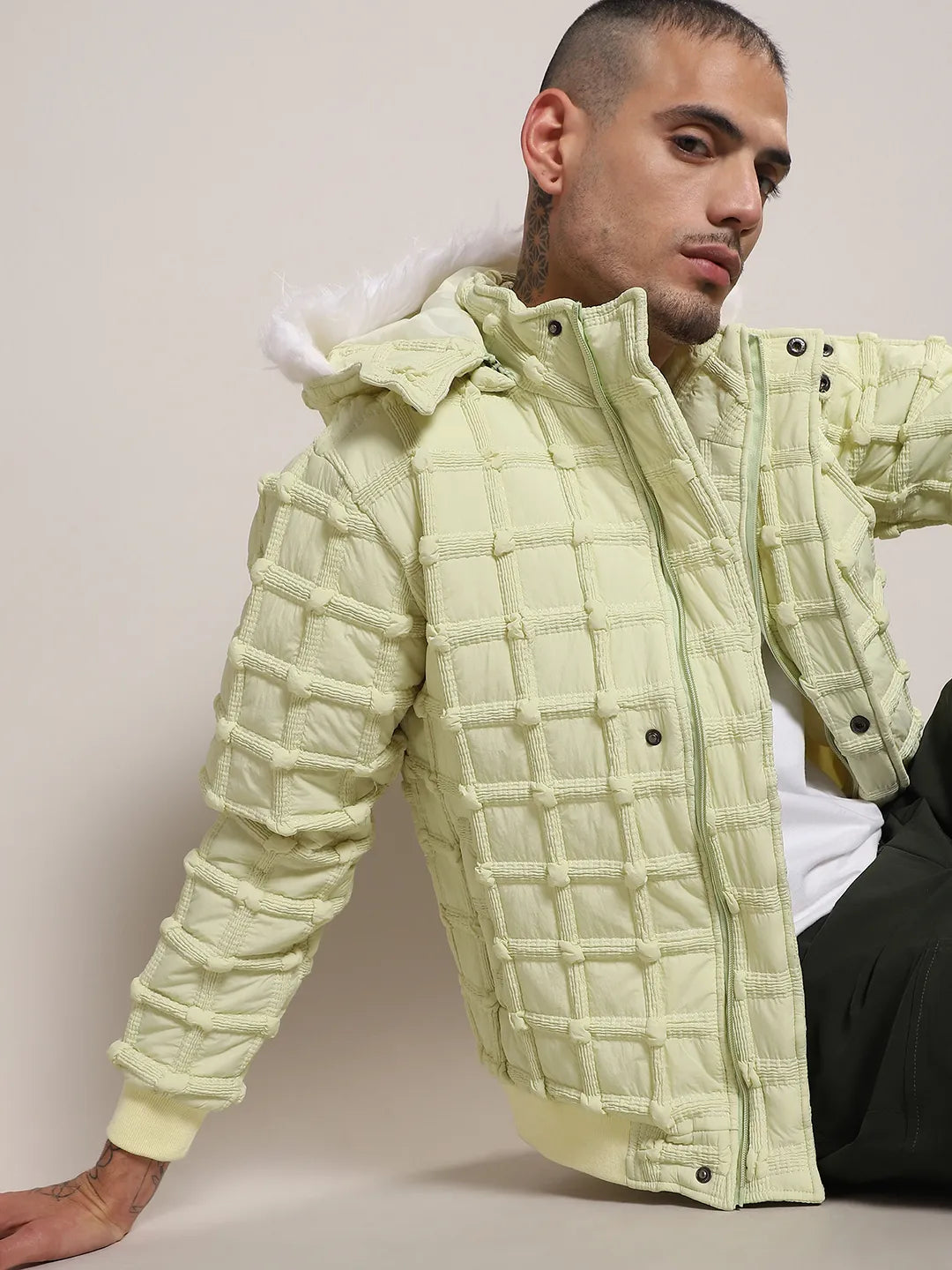 Campus Sutra Self-Design Puffer Jacket With Fleece Hood