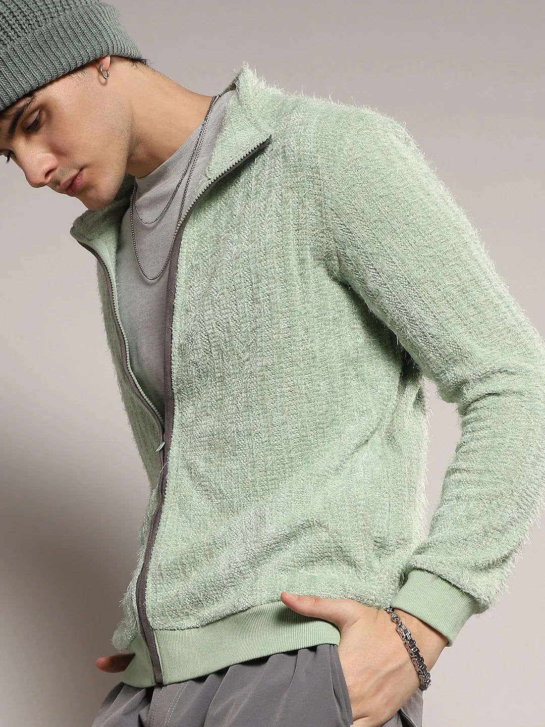 Campus Sutra Self-Design Striped Knitted Jacket