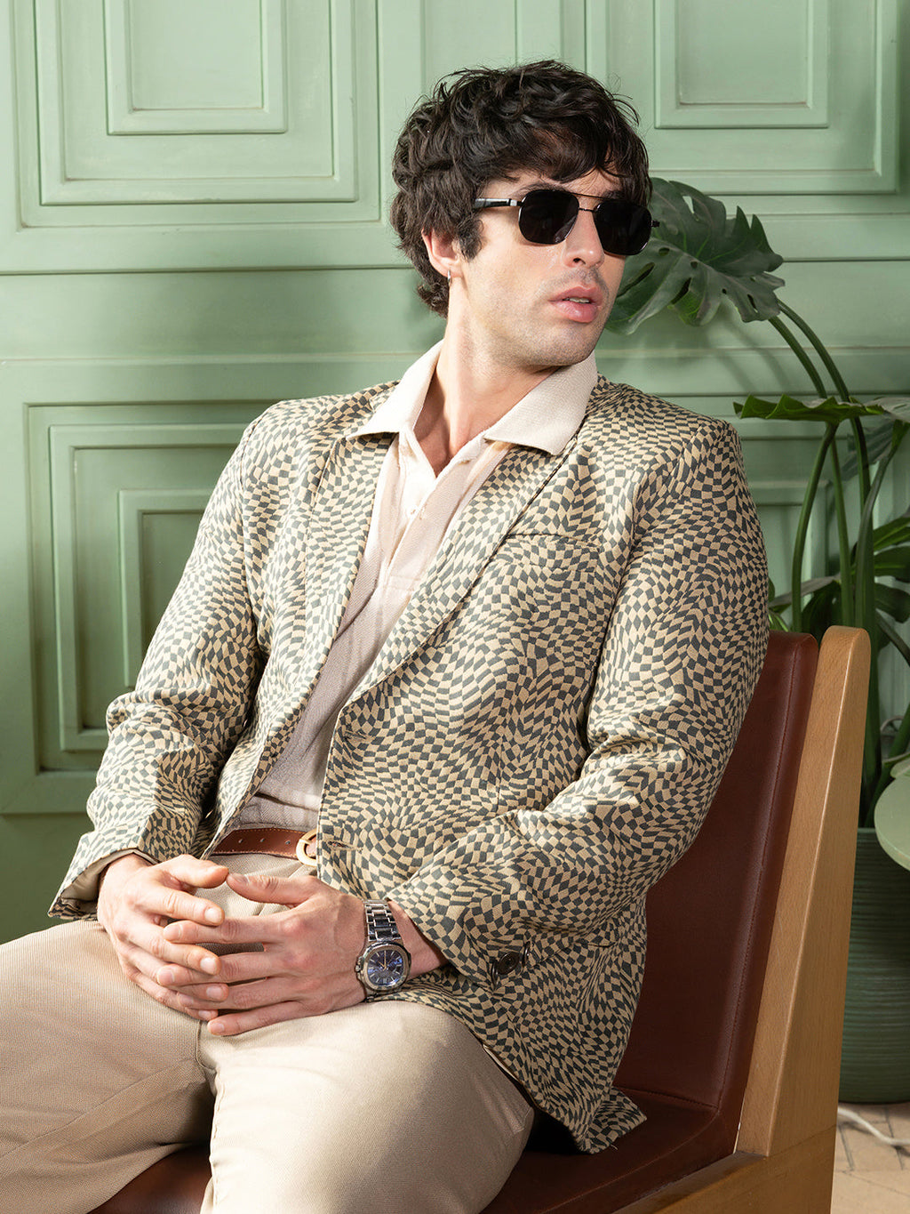 Campus Sutra Tailored Curved-Check Jacquard Blazer