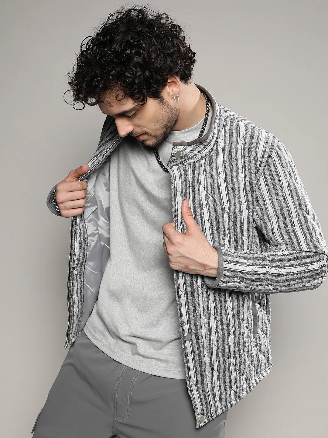 Campus Sutra Halo Striped Quilted Jacket