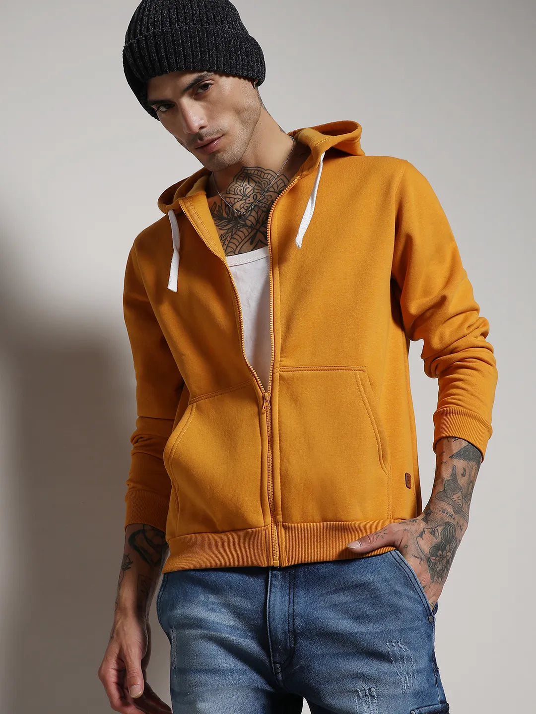 Campus Sutra Zip-Front Hoodie With Contrast Drawstring