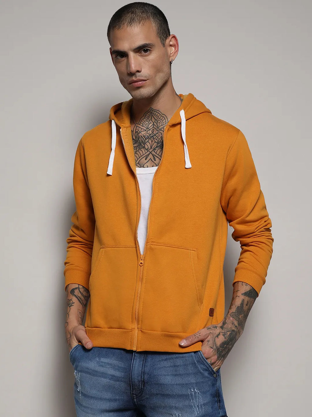 Campus Sutra Zip-Front Hoodie With Contrast Drawstring
