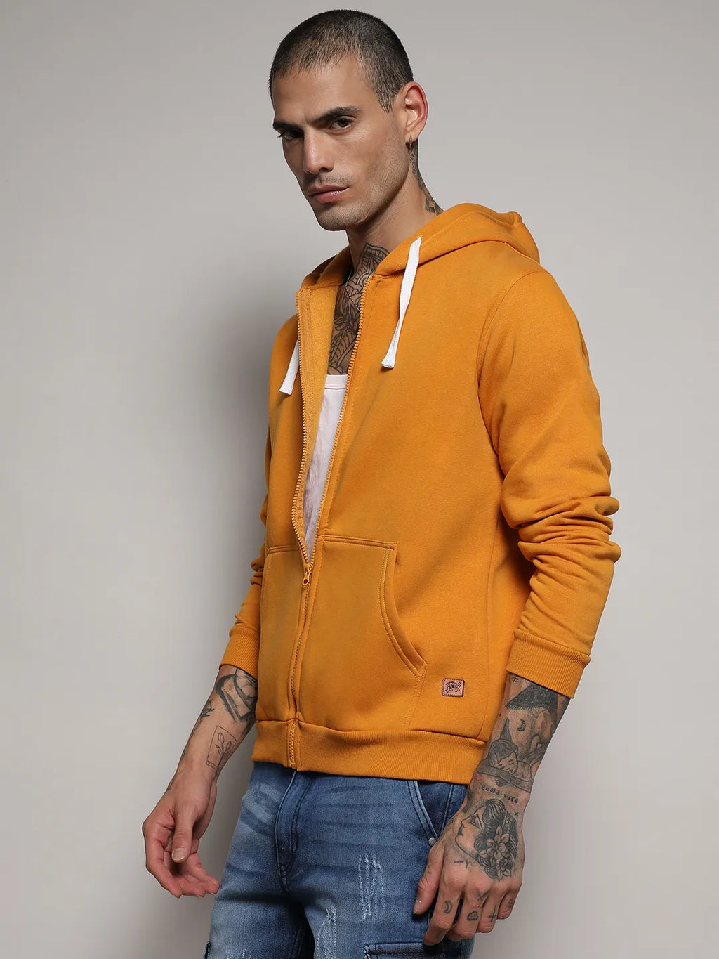 Campus Sutra Zip-Front Hoodie With Contrast Drawstring