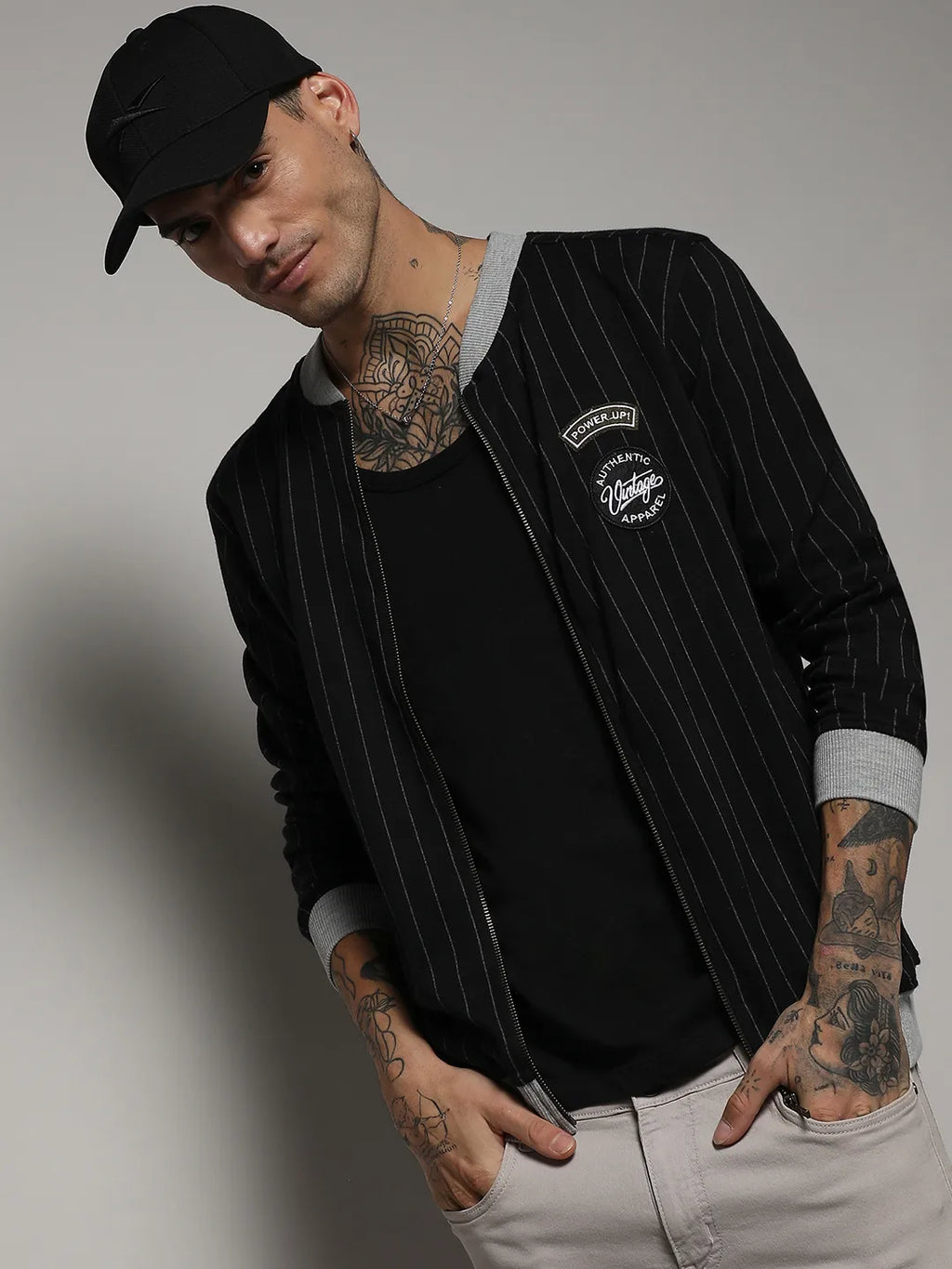 Campus Sutra Pinstriped Jacket With Contrast Hem