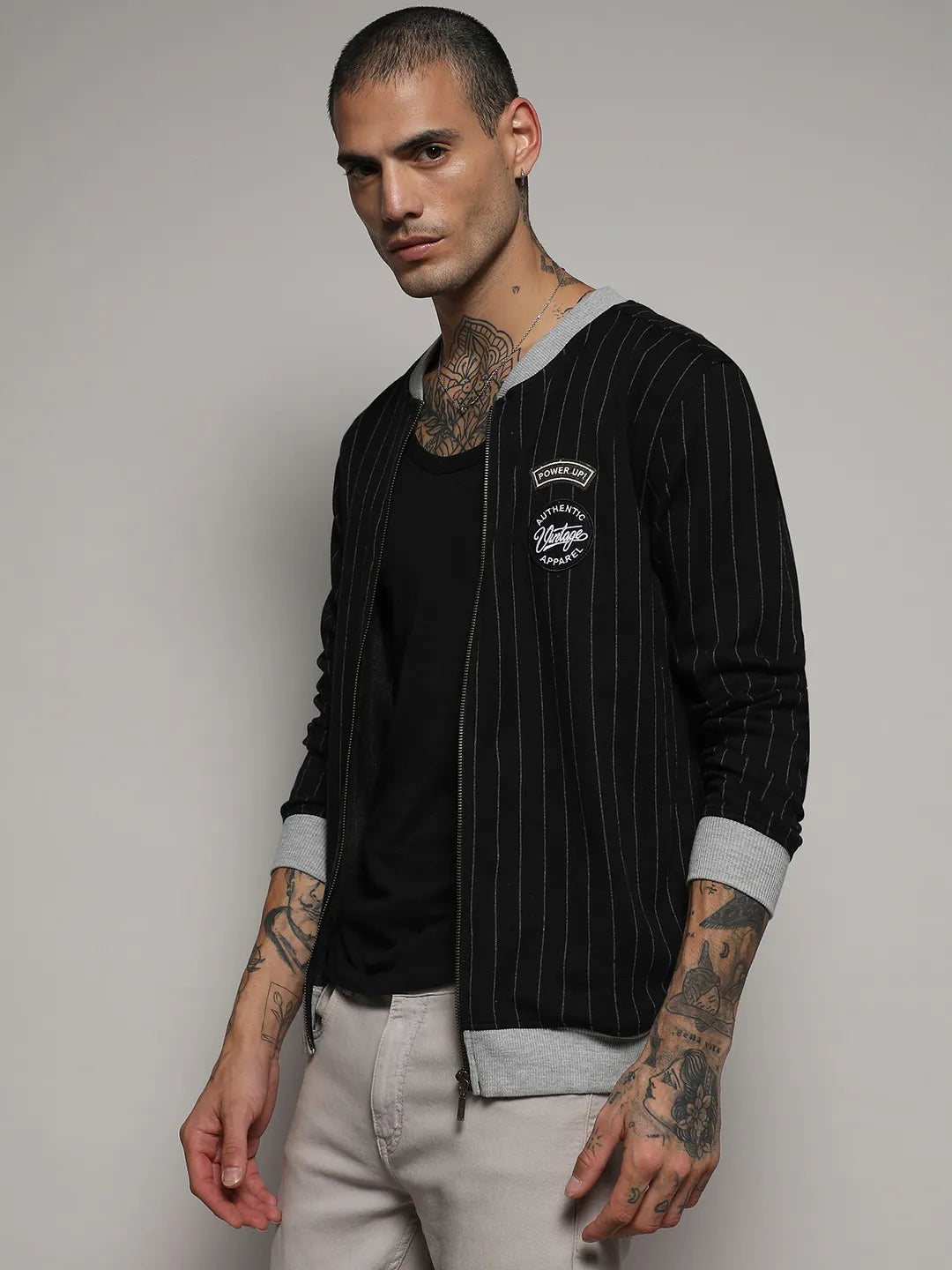 Campus Sutra Pinstriped Jacket With Contrast Hem
