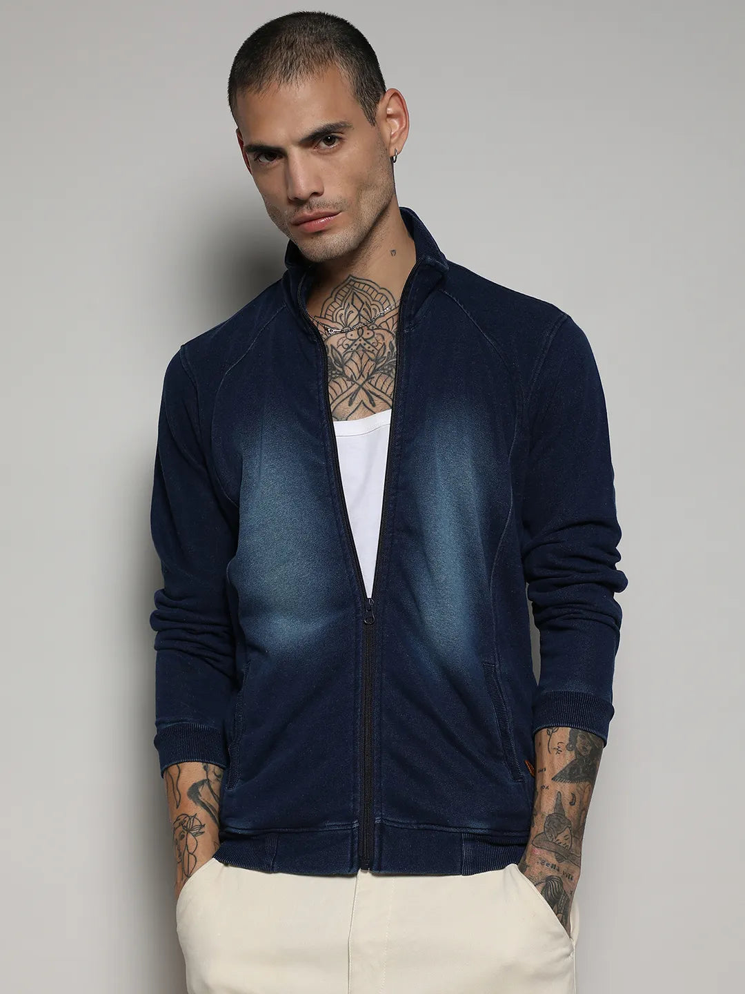 Campus Sutra Zip-Front Dark-Wash Denim Jacket