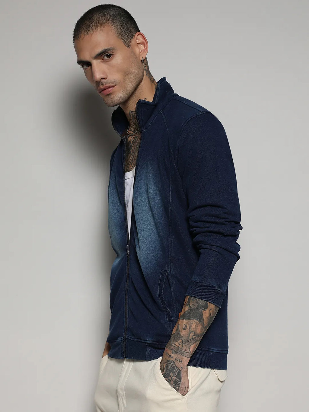 Campus Sutra Zip-Front Dark-Wash Denim Jacket